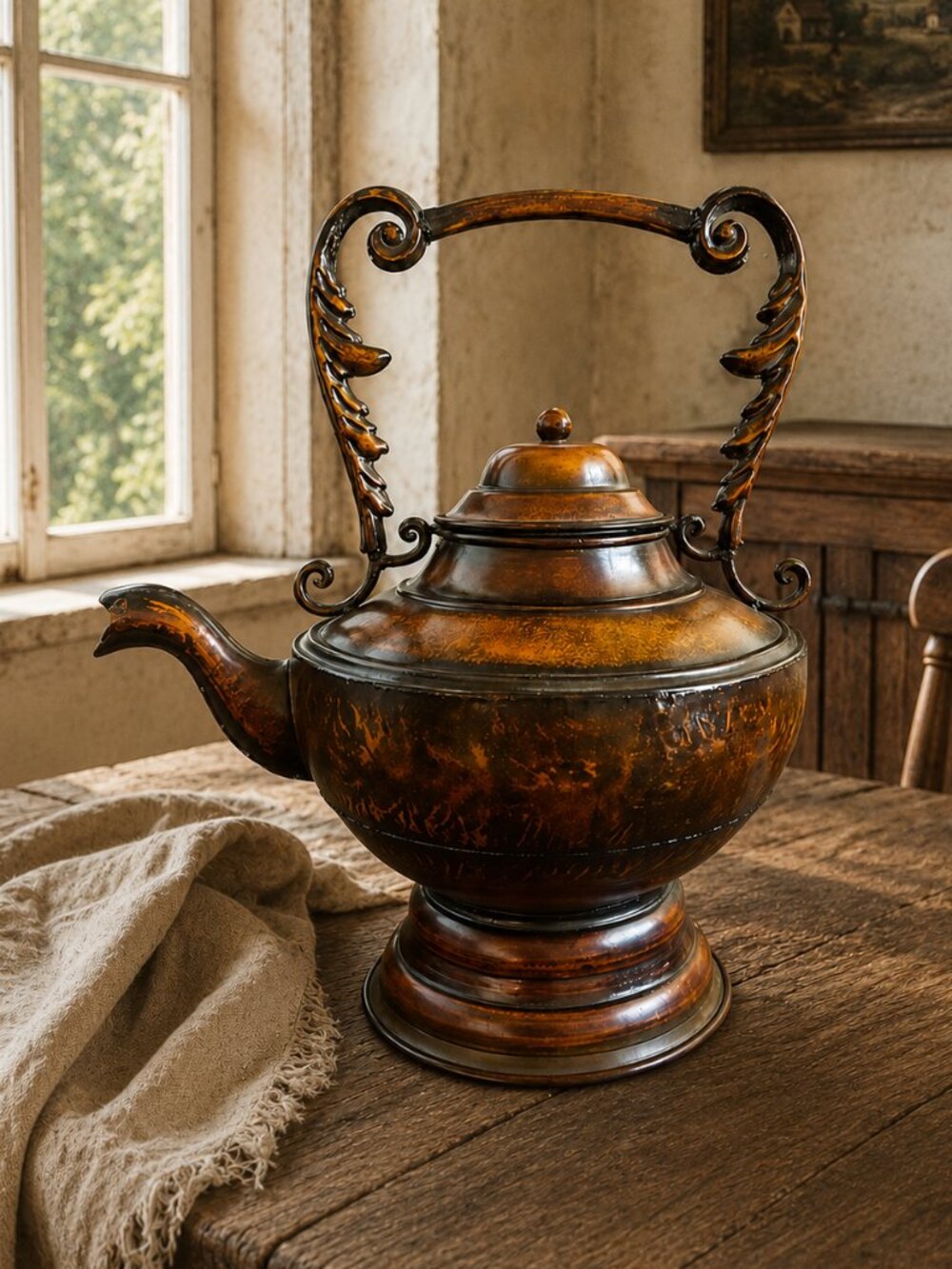 Vintage Old World Large Hammered Bronze Teapot With Ornate Scrolled Handle